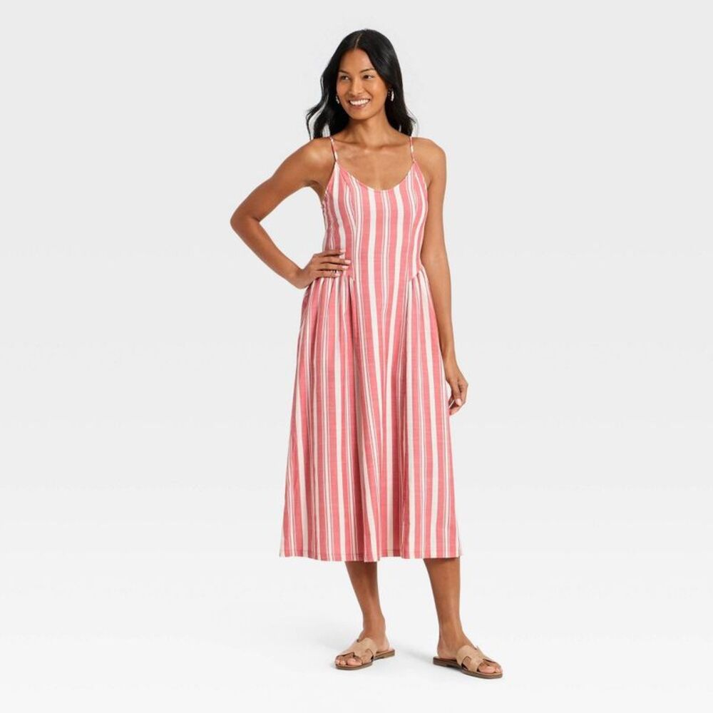 a new day Pink and White Striped Strapless Midi Dress